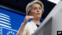 FILE - European Commission President Ursula von der Leyen addresses a media conference at an EU Summit in Brussels, March 6, 2025. 