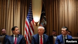 Prezidan Donald Trump prezide premye rankont kabine li ak Elon Musk epi Sekrete d Eta Marco Rubio ak Sekrete Defans Pete Hegseth nan Washington, 26 Fevriye, 2025. 