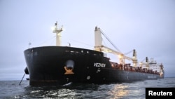 The cargo ship Vezhen is anchored for examination by Swedish authorities outside Karlskrona